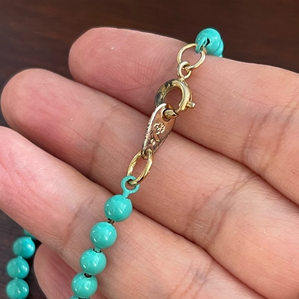 Turquoise blue enameled brass bead 26 inch necklace - Picture 5 of 6